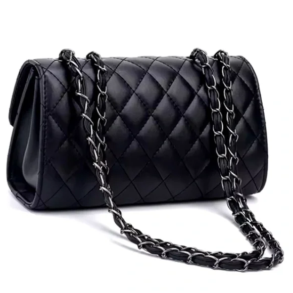 NWT Chanel-Like QUILTED BLACK METAL CROSSBODY - Picture 3 of 11